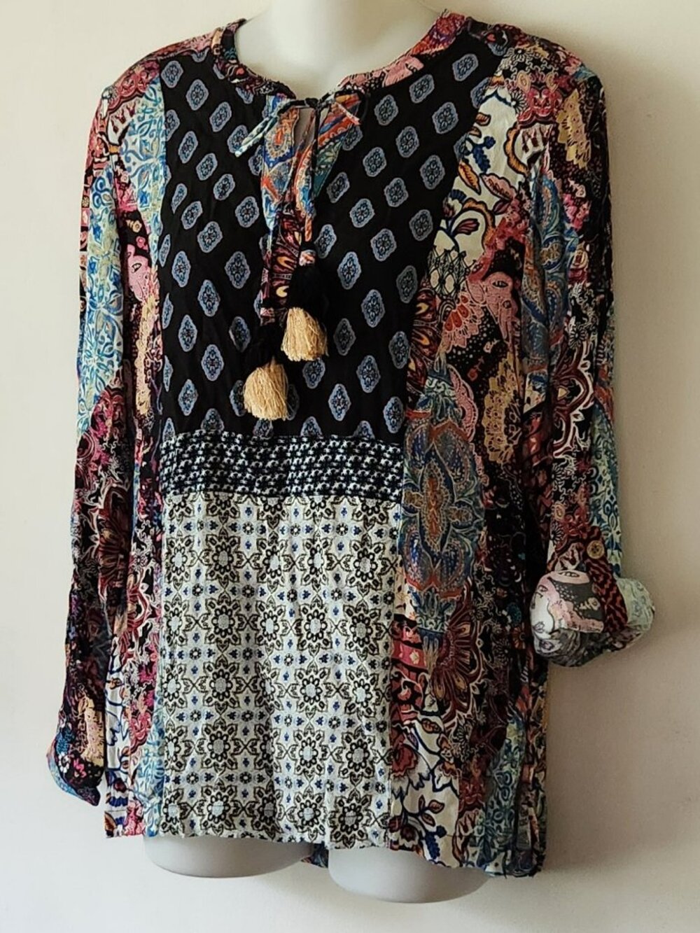 John Mark blouse sz S patchwork print lightweight tassels VGUC